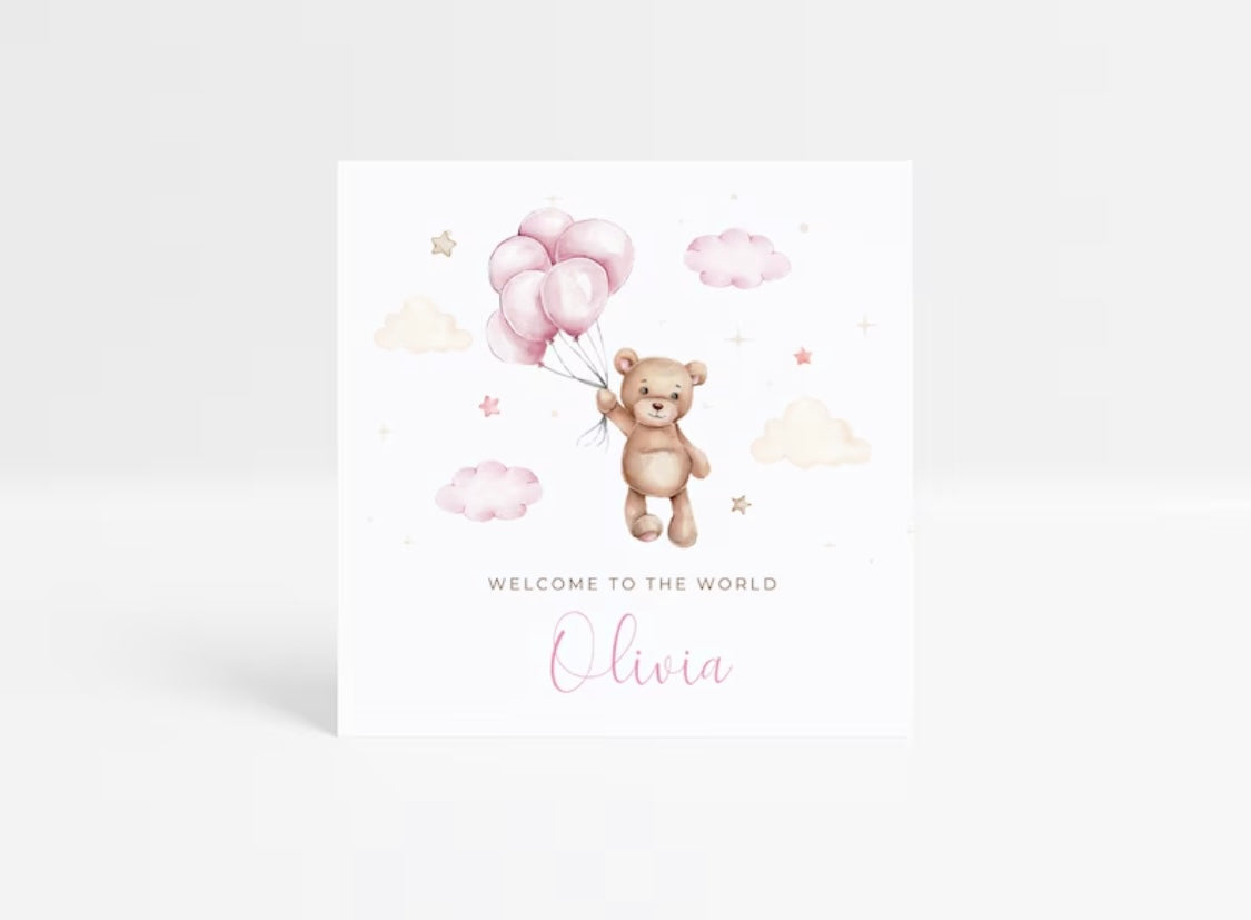 Personalised new baby teddy card - Pink