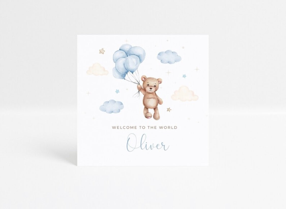 Personalised new baby teddy card - Blue