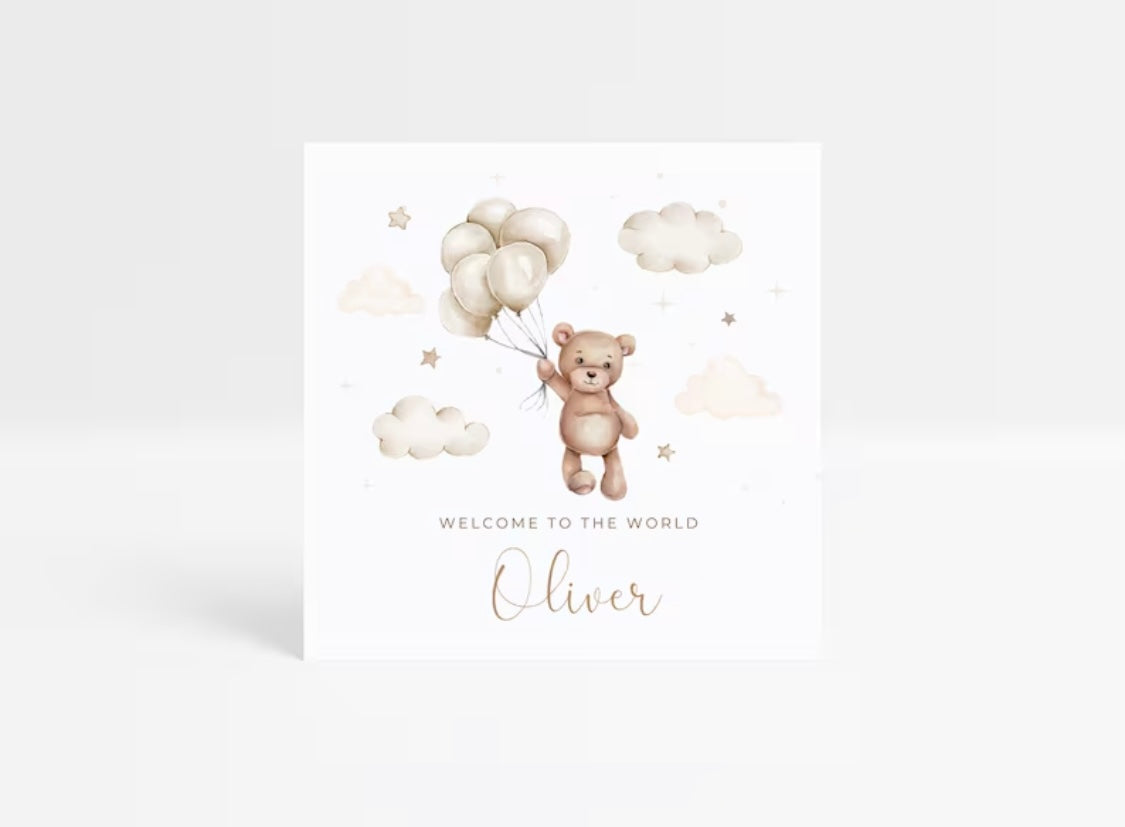 Personalised new baby teddy card - Neutral
